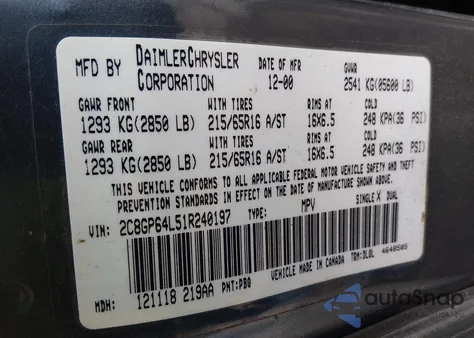 2001 Chrysler Town & Country Limited z USA, uszkodzony, nr VIN 2C8GP64L51R240197